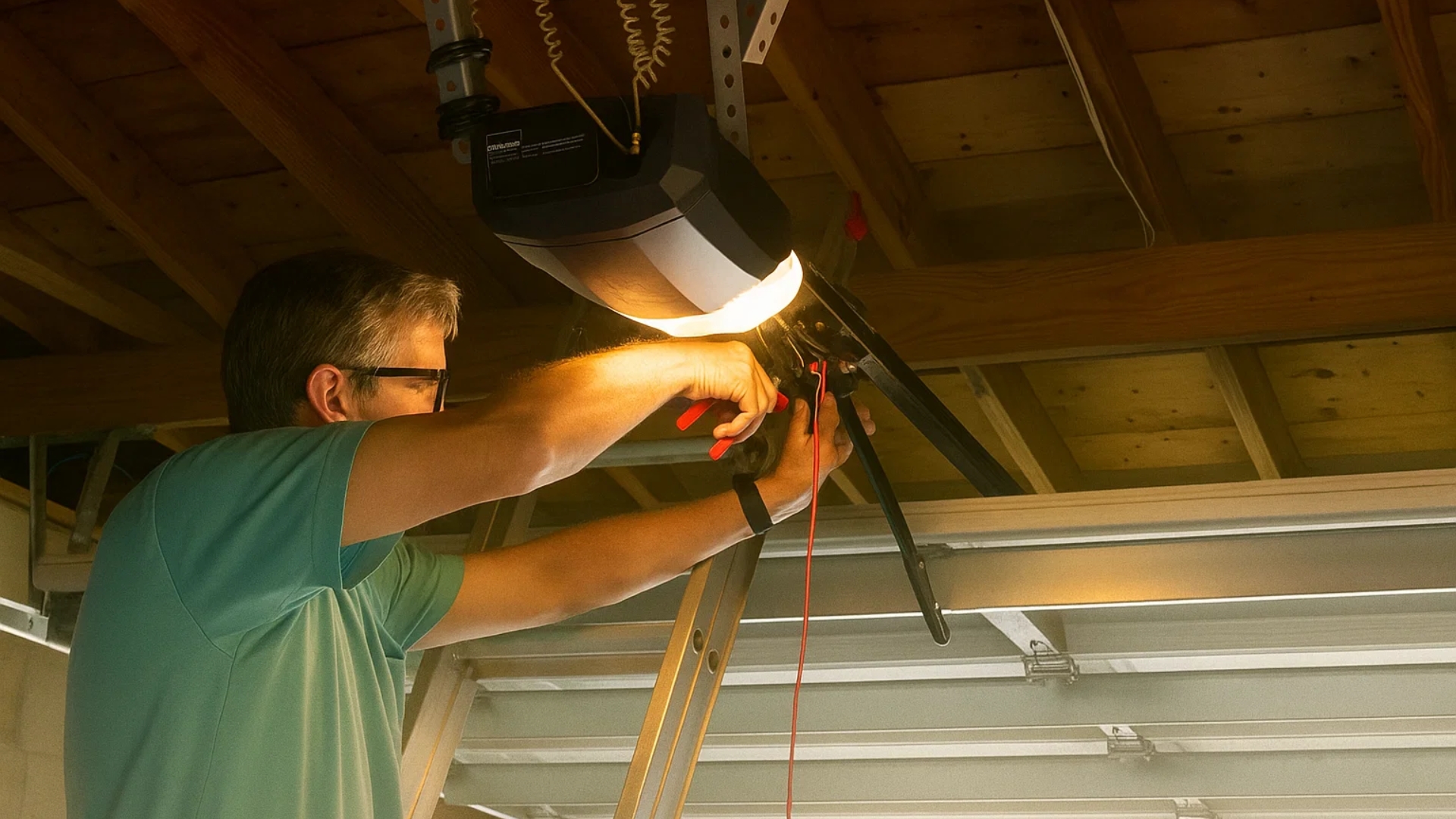 Garage door technician repairing an overhead opener unit inside a residential garage.