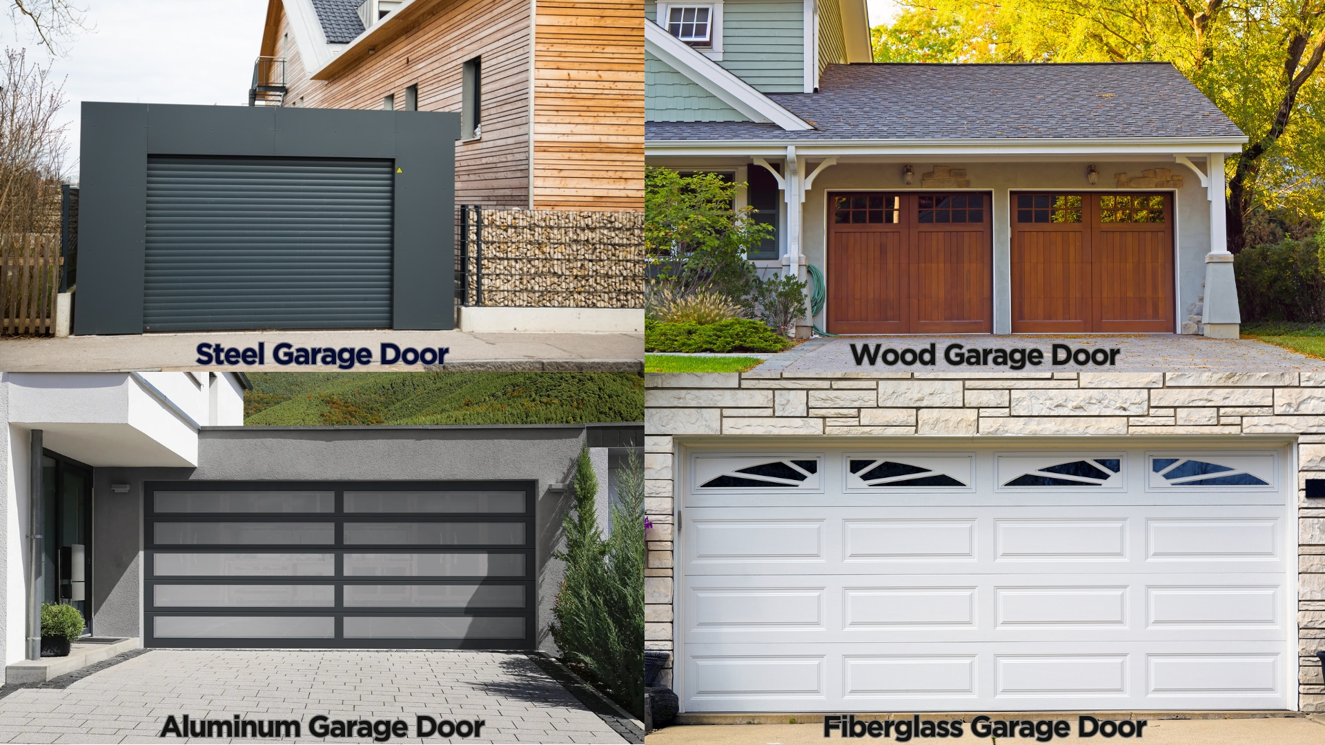 Garage door type comparison: steel, wood, aluminum, and fiberglass doors shown with different styles and finishes.