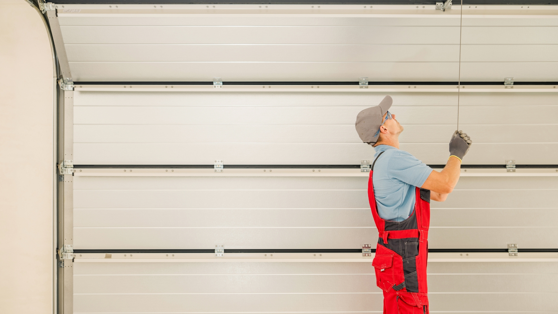 Installer finishing setup of sectional garage door type in Denver home.