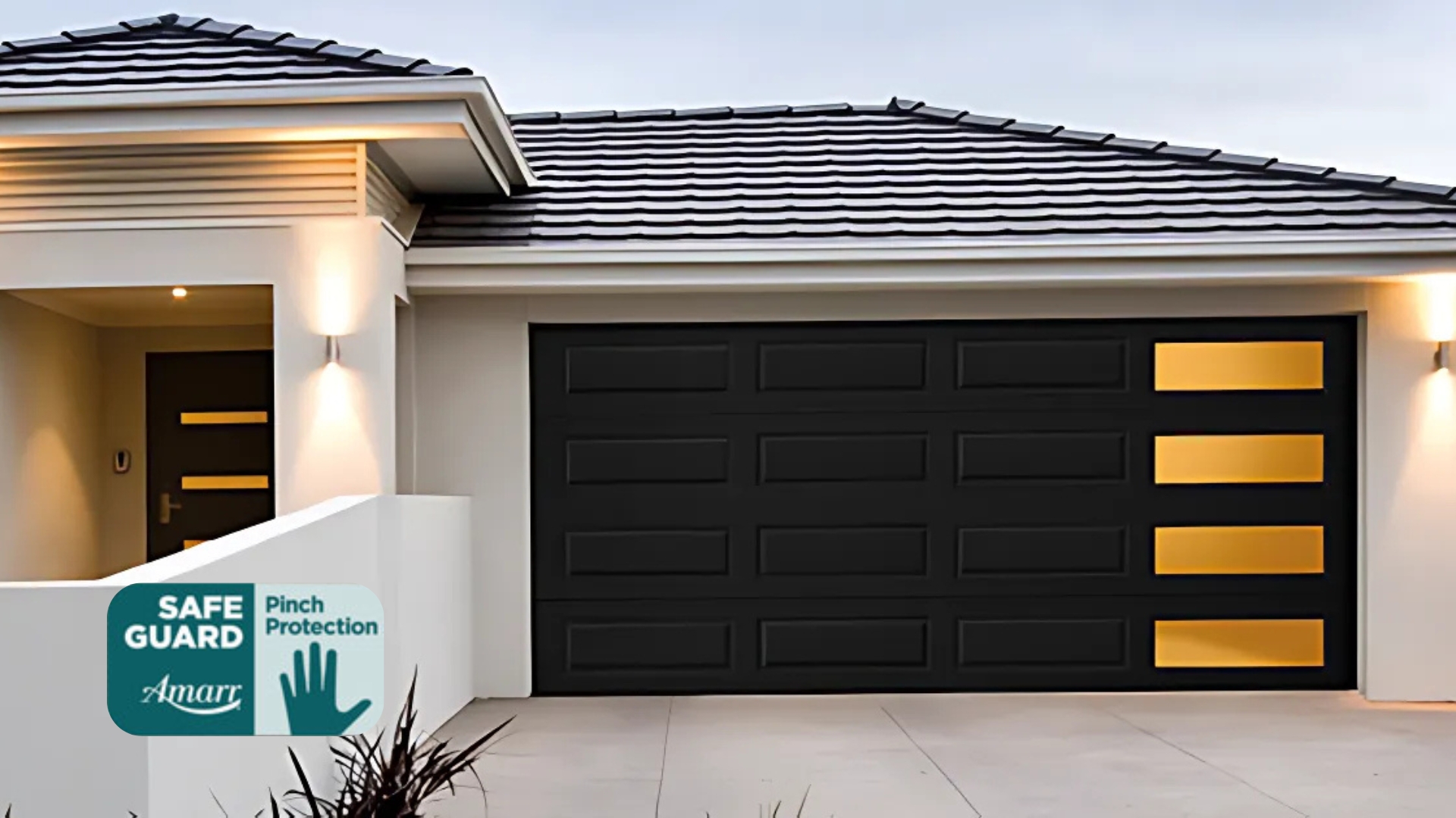 Sleek garage door installation featuring Amarr's pinch protection and tinted glass panels