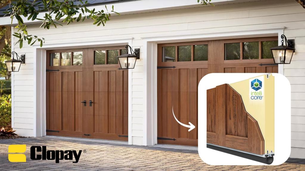 Clopay wooden garage doors with black hardware and Intellicore insulation