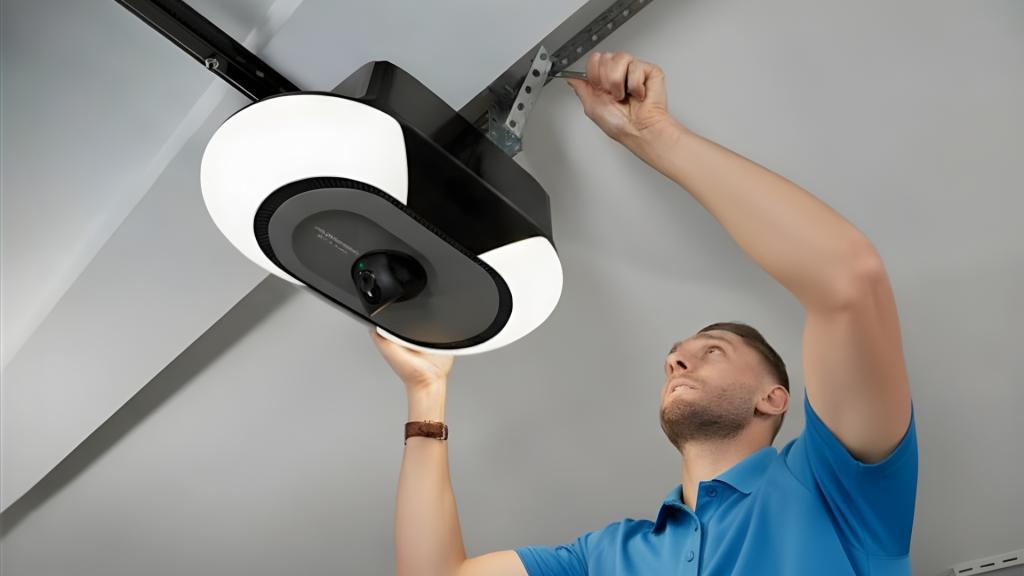 Professional installing Wi-Fi garage door opener designed for Denver’s climate.