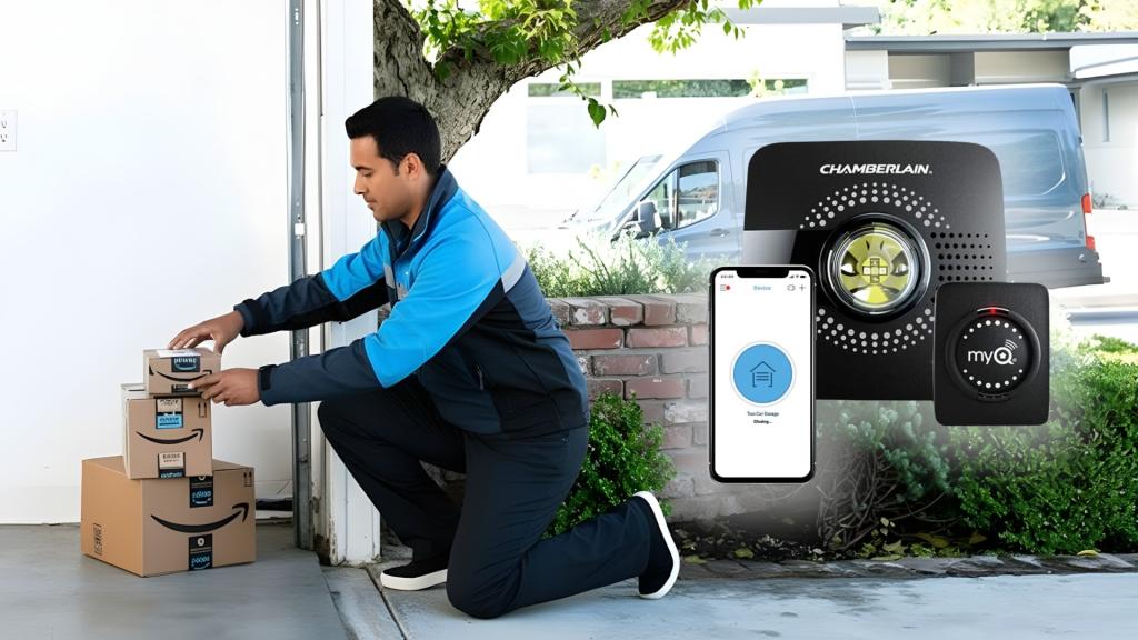 Delivery driver placing packages in front of garage using a Wi-Fi garage door opener for secure delivery.