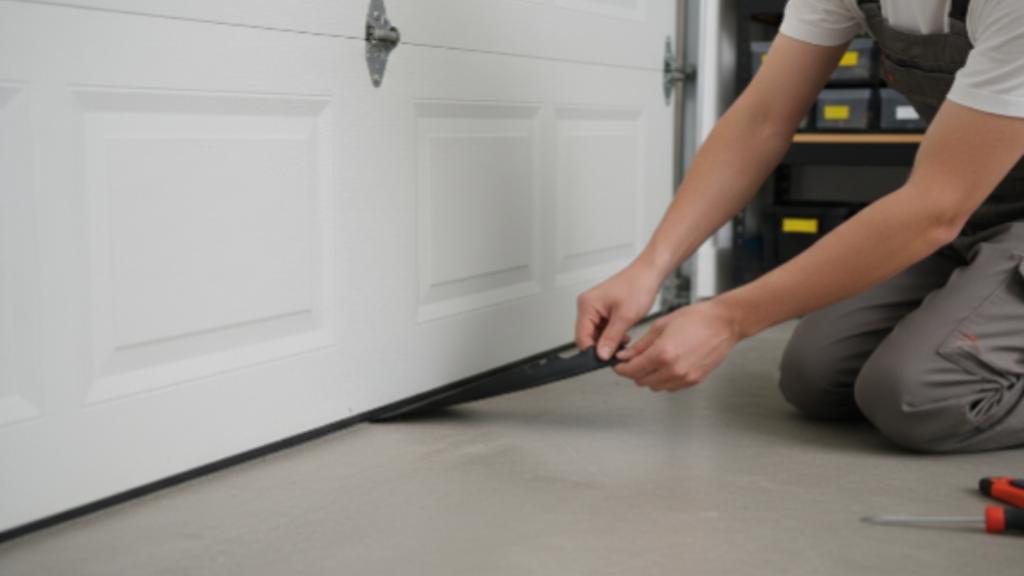 Technician replacing weather seal during garage door tune up