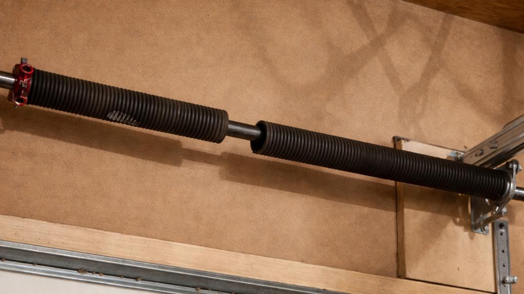 A broken garage torsion spring in an overhead door
