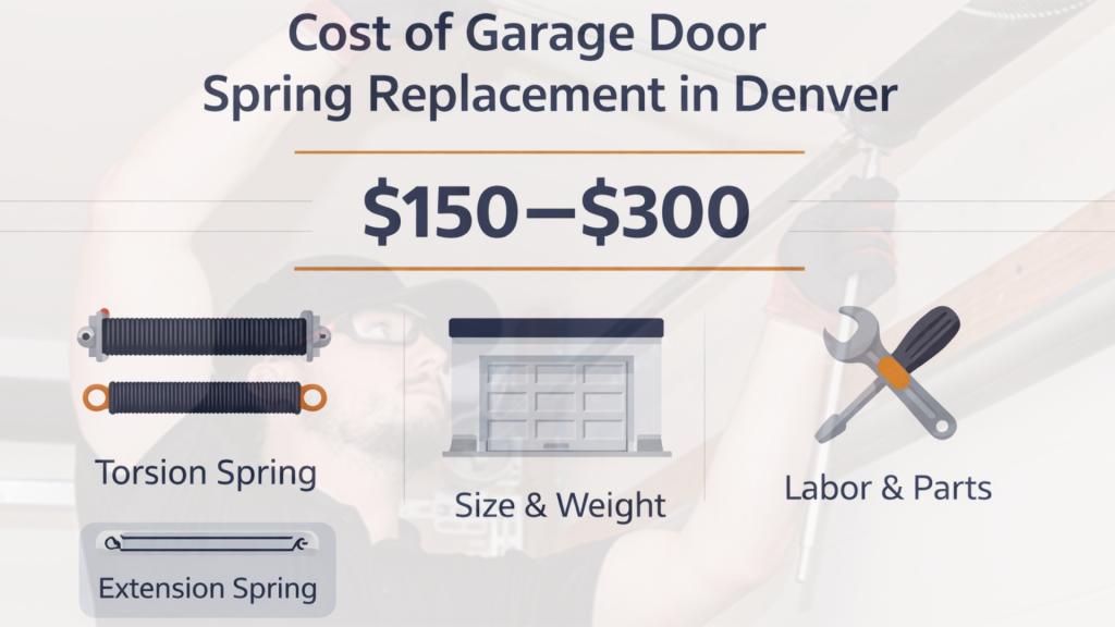 Factors affecting garage door spring replacement costs in Denver, such as spring type, weight, and labor.