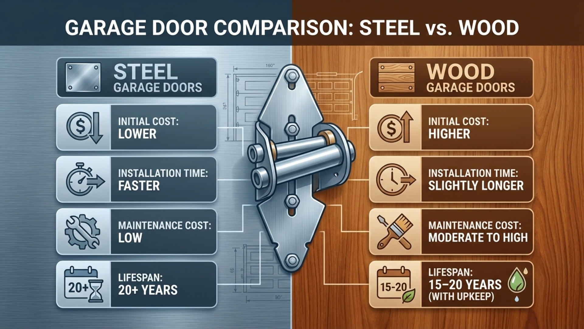 Infographic comparing benefits and drawbacks of wood garage doors and steel options