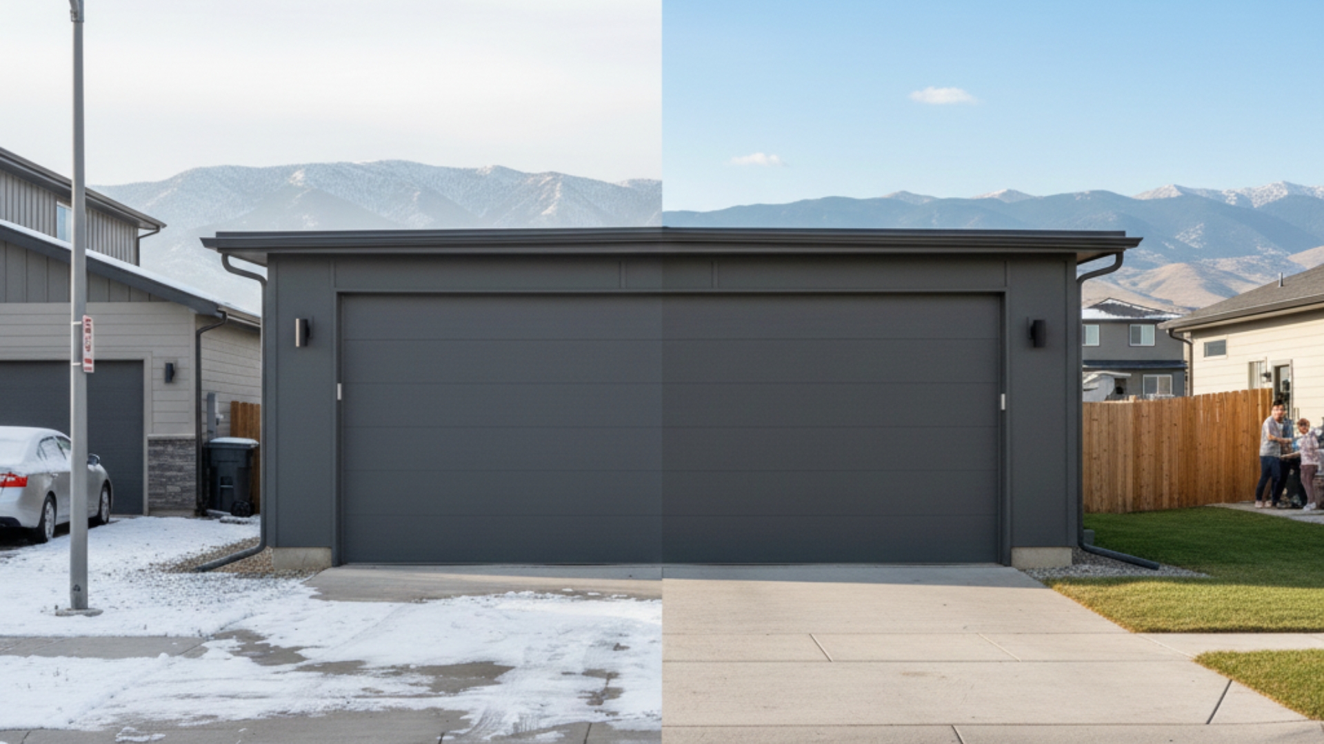 Side-by-side view of wood garage doors and steel garage doors in a residential setting