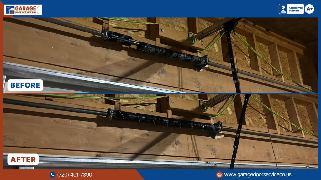 Before and after garage door torsion spring replacement in Denver, CO