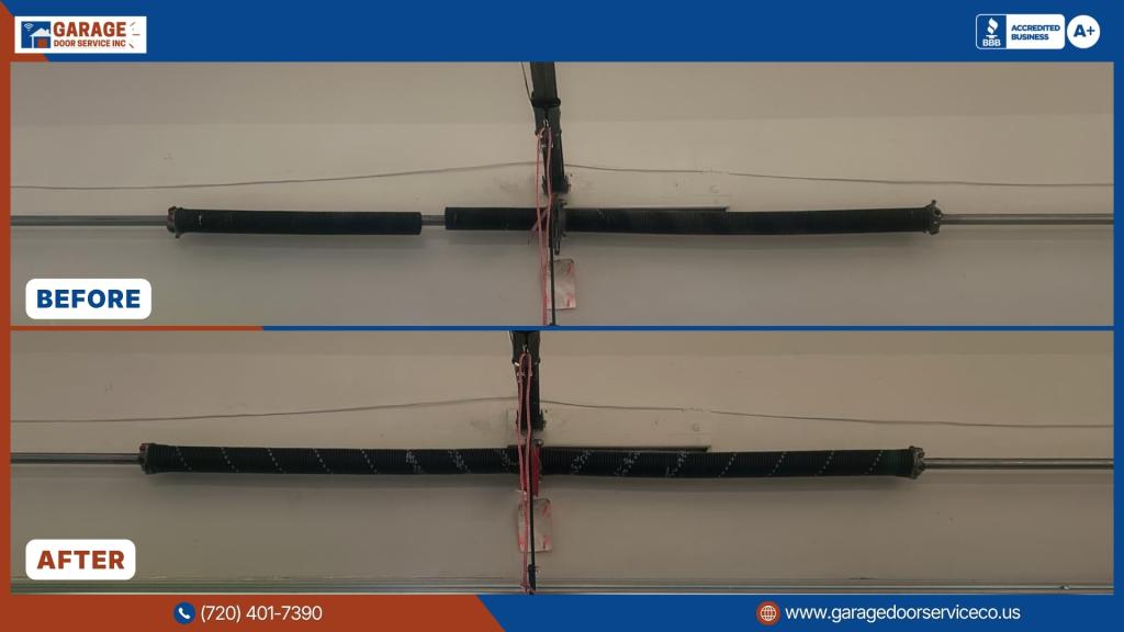 Before-and-after garage door spring replacement showing a broken torsion spring replaced with a new high-cycle garage door spring