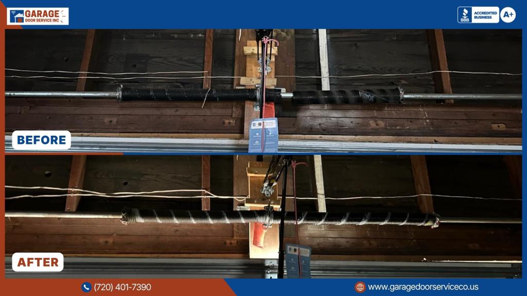 Before and after garage door spring replacement showing the torsion spring system above a residential garage door in Denver