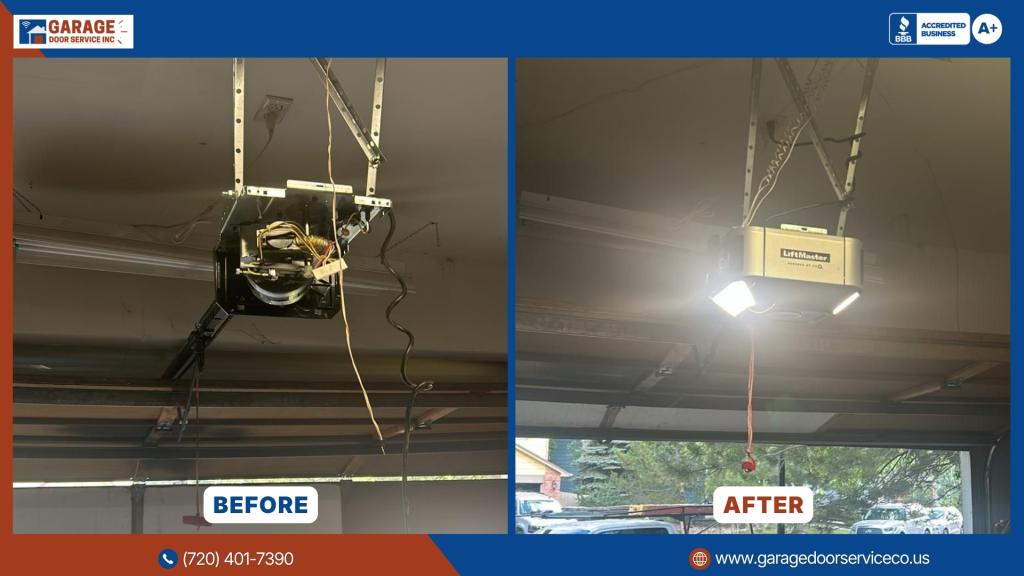 Before and after garage door opener repair showing the opener before service and the repaired LiftMaster opener